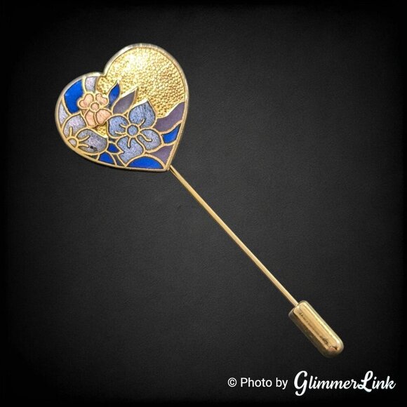 Jewelry - Vintage Heart Shaped Blue & Pink Cloisonne Floral Stick Pin